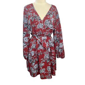 Buguest Wrap Dress Womens 3X Red Gray New Tie Waist Long Sleeves Floral
